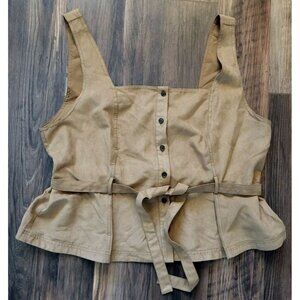 Banana Republic Tan Faux Suede Button Up Sleeveless Square Neck Top Belted Sz 20